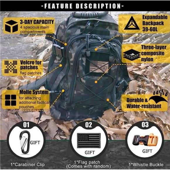 Men Backpack Large Capacity Military Tactical Hiking Expandable 39L-60L Backpack - Picture 4 of 6